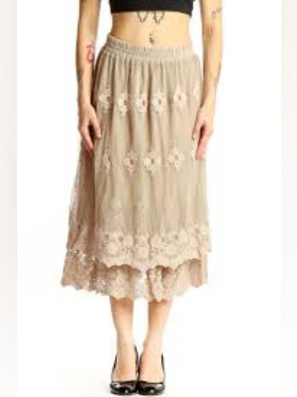 indigo soul Beige Lace-Trim Midi Skirt